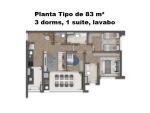 PLANTA TIPO 83 m² - 3 DORMS - 1 SUÍTE - LAVABO